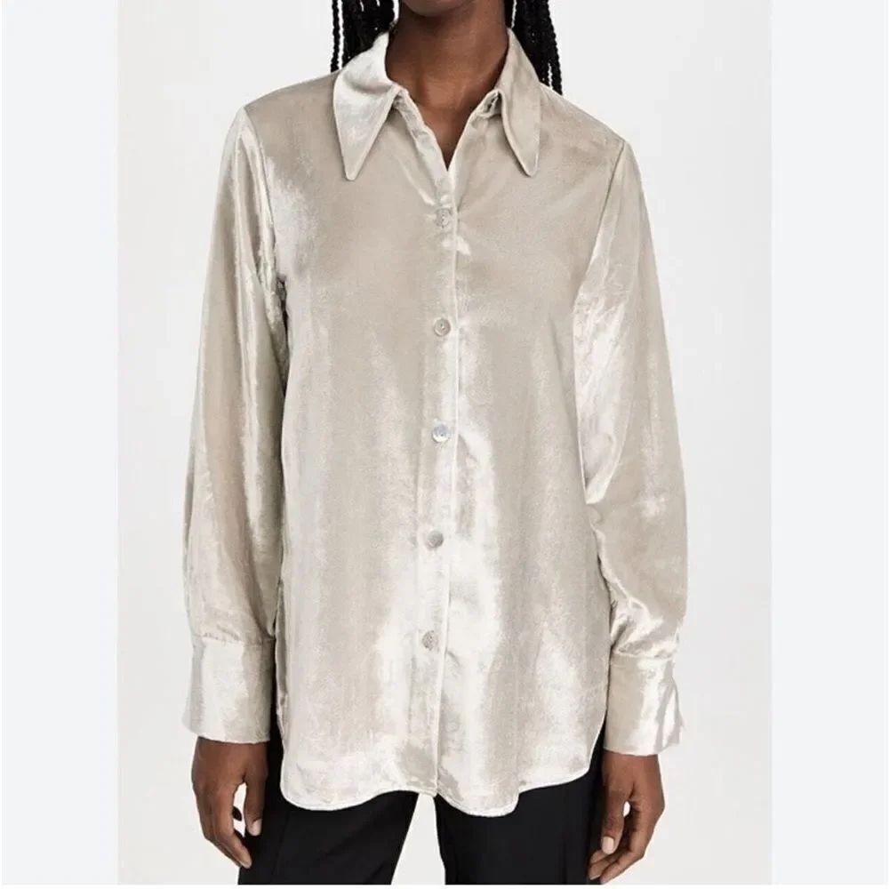 Vince NWT Velvet Shaped Collar Long Sleeve Blouse in Grey Size M MSRP $398